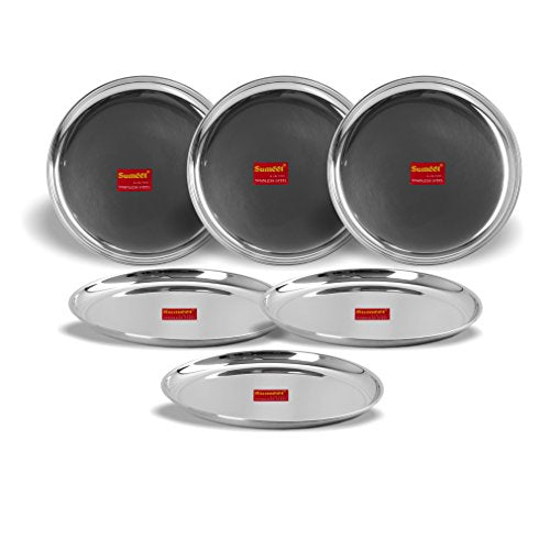 Sumeet Stainless Steel Heavy Gauge Shallow Dinner Plates with Mirror Finish 28.3cm Dia - Set of 6pc