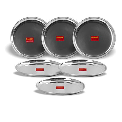 Sumeet Stainless Steel Heavy Gauge Shallow Dinner Plates with Mirror Finish 31cm Dia - Set of 6pc