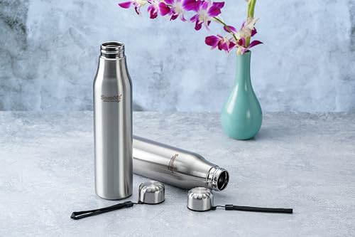 Sumeet Alpha-Aqua Stainless Steel Leak Proof Water Bottle Office/School/College/Gym/Picnic/Home/Fridge - 1 Litre |Pack of 2| Silver