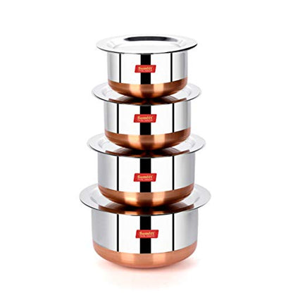 Sumeet Stainless Steel Copper Bottom 4Pc Tope Set with Lid (400Ml, 530Ml, 800Ml, 1Ltr)