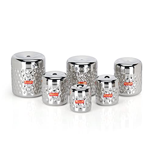 Sumeet Stainless Steel Vertical Utility Canisters/Ubha Dabba/Storage Containers with Design Set of 6pcs (350ml, 500ml,700ml,900ml,1200ml,1700ml), Silver