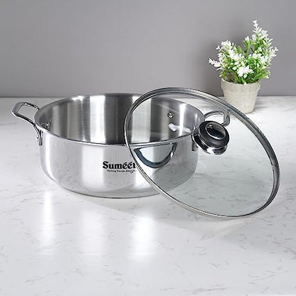 Sumeet Cook Smart TriPly SAS (Steel-Aluminium-Steel - 3 Layers) Casserole/Biryani Pot/Stock Pot with Glass Lid- 5.2Ltr - 26Cm, Silver