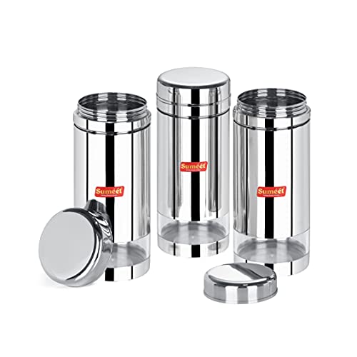 Sumeet Stainless Steel Circular See Through/Transparent Container, Set of 3Pc, 1000 Ml Each, 8.5cm Dia, Silver