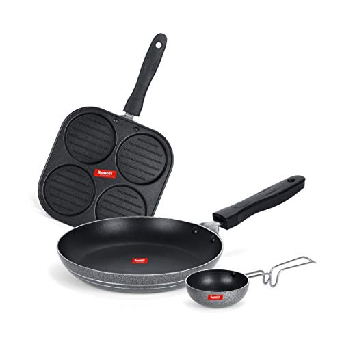 Sumeet NonStick Kul Rang Cookware Set (Mini Multi Snack Maker - 4 Cavity -19.5cm + Tapper pan - 0.6Ltr - 20Cm Dia + Waghariya/Tadka pan - 190Ml - 10Cm Dia)