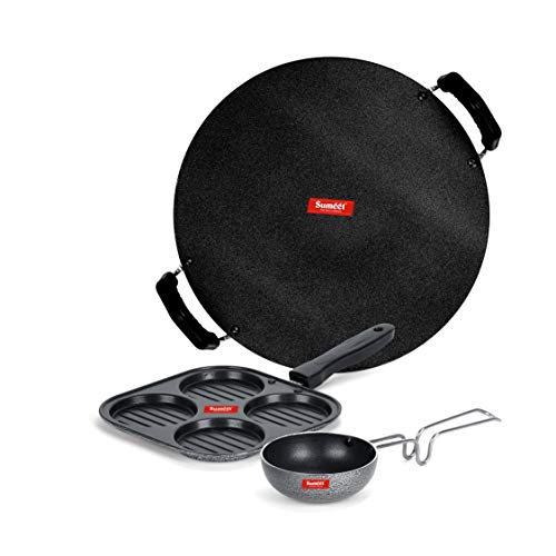 Sumeet NonStick Pilkas Cookware Set (Tawa-30.5cm Dia + Mini Multi Snack Maker - 4 Cavity -19.5cm + Waghariya/Tadka pan - 190Ml - 10Cm Dia)