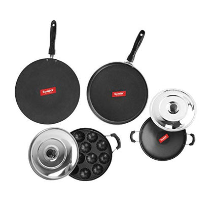 Sumeet 2.6mm Thick Non-Stick Reddo Cookware Set (Dosa Tawa – 26.5cm Dia + Grill Appam Patra with Lid – 23cm Dia + Concave Tawa – 28cm Dia + Appachatty – 22.2cm Dia)