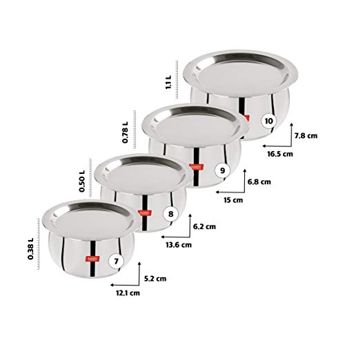 Sumeet Stainless Steel Belly Shape 4 Pc Tope / Cookware/ Pot Set with Lid 380ML, 500ML, 780ML, 1.1Ltr, (Silver)