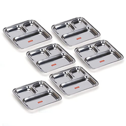 Sumeet Stainless Steel 3 in 1 Idli WADA Compartment Plate / Snack Plate / Breakfast Plate Set of 6Pcs, 24.5cm Dia, Silver