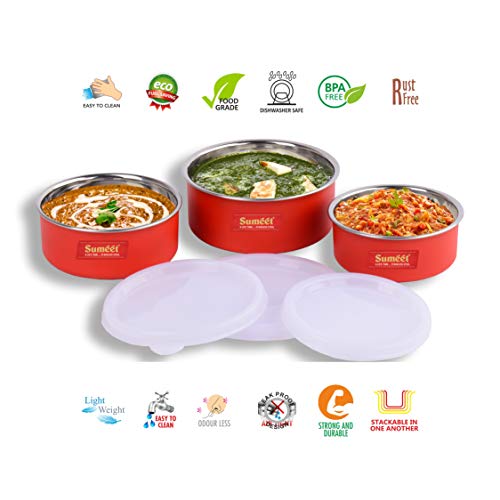 Sumeet Microwave Safe Stainless Steel + Plastic Coated Containers Set of 1-3 (200ml, 250ml, 400ml)