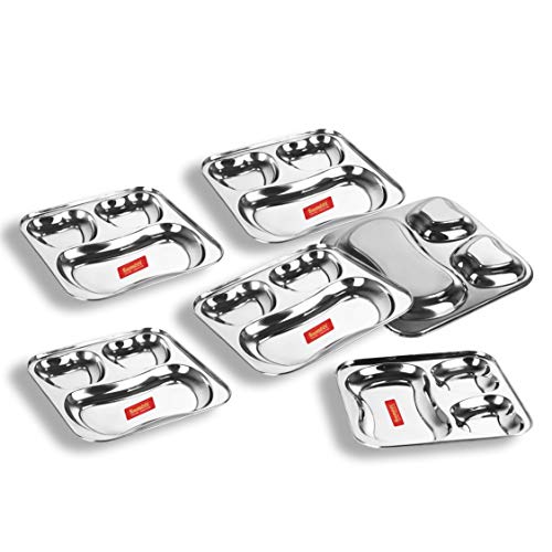 Sumeet Stainless Steel 3 in 1 Pav Bhaji Plate/Compartment Plate 24.5cm Dia - Set of 6pc