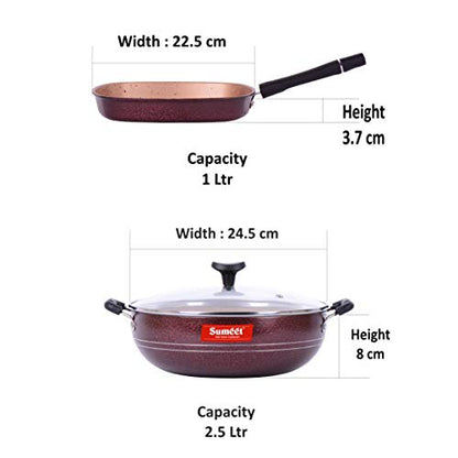 Sumeet Nonstick Granite Finish 2pc Splendor Cookware Set (Grill Pan 22cm Dia + Kadhai with Glass Lid - 2.5 LTR Capacity - 24.5cm Dia)