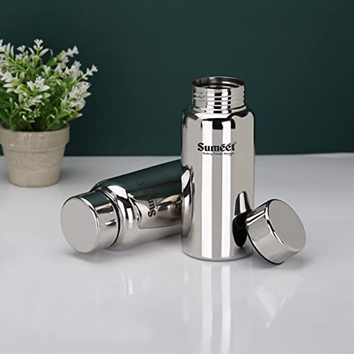 Sumeet Stainless Steel Jointless Akhand Leak-Proof Water Bottle / Fridge Bottle - 600ML Pack of 2, Silver