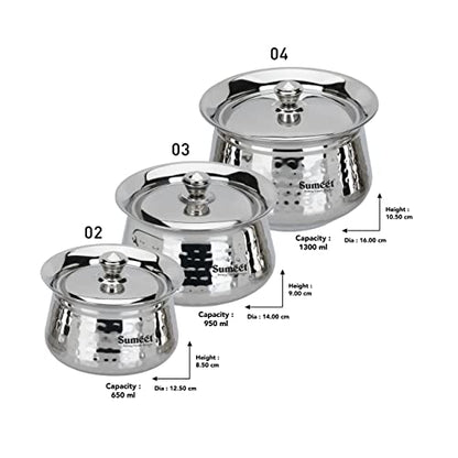 Sumeet Stainless Steel Handcrafted Hammered Texture Handi Set with Lid for Kitchen, Set of 3, 650ml, 950ml & 1300ml, Silver