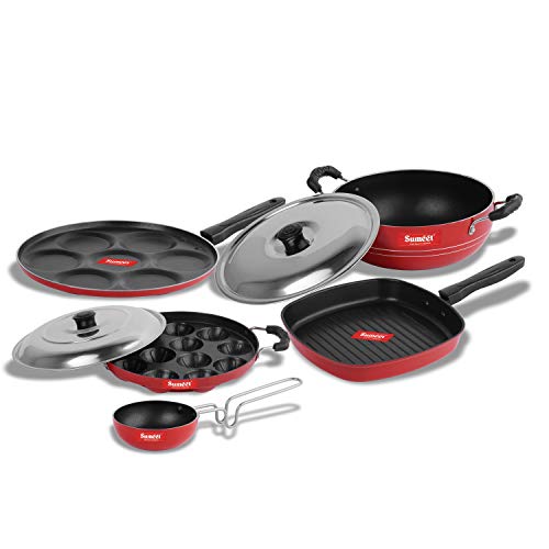 Sumeet 2.6mm Thick Non-Stick Red Wave Cookware Set (Multi Snack Maker – 26.5cm Dia + Kadhai with Lid – 1.5Ltr + Grill Appam Patra with Lid – 23cm Dia + Grill Pan – 1.1Ltr + Tadka Pan – 10cm Dia)