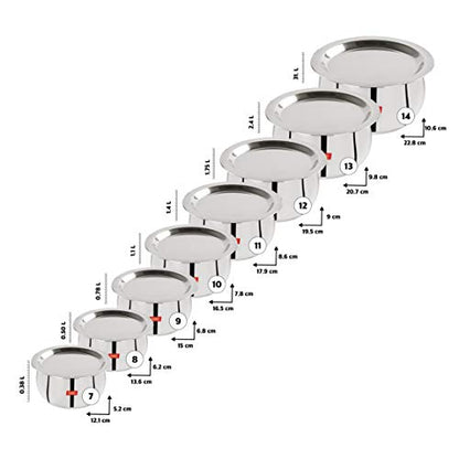 Sumeet Stainless Steel Belly Shape 8 Pc Tope / Cookware/ Pot Set with Lid 380ML, 500ML, 780ML, 1.1Ltr, 1.4Ltr, 1.75Ltr, 2.4 LTR, 3.1 LTR (Silver)