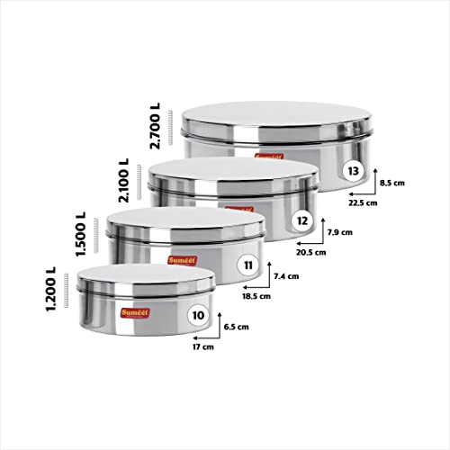 Sumeet Stainless Steel Flat Canisters/Puri Dabba/Storage Containers Set of 4Pcs (1.2Ltr,1.5Ltr,2.1Ltr,2.7Ltr)