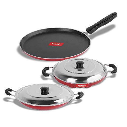 Sumeet 2.6mm Thick Non-Stick Corsen Combo Set (Dosa Tawa – 26.5cm Dia +Grill Appam Patra with Lid – 23cm Dia + Appachatty – 22.2cm Dia)