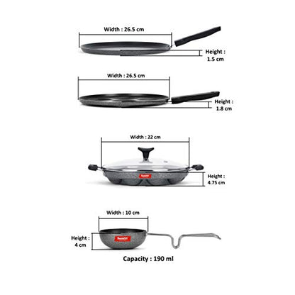 Sumeet NonStick Griseo Cookware Set (Dosa Tawa-26.5Cm Dia+Multi Snack Maker-7 Cavity-26.5Cm Dia+Grill Appam Patra with Glass Lid-12 Cavity-22cm Dia+Waghariya/Tadka pan-190Ml-10Cm Dia)