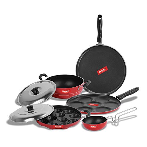 Sumeet 2.6mm Thick Non-Stick Liab Cookware Set (Dosa Tawa – 26.5cm Dia + Multi Snack Maker – 26.5cm Dia + Kadhai with Lid – 1.5Ltr + Grill Appam Patra with Lid – 23cm Dia + Tadka Pan – 10cm Dia)