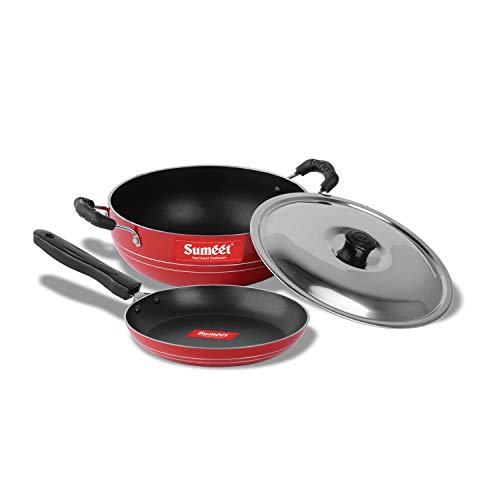 Sumeet 2.6mm Thick Non-Stick Blush Cookware Set (Kadhai with Lid – 1.5Ltr Capacity- 20cm Dia + Tapper pan – 20cm Dia)