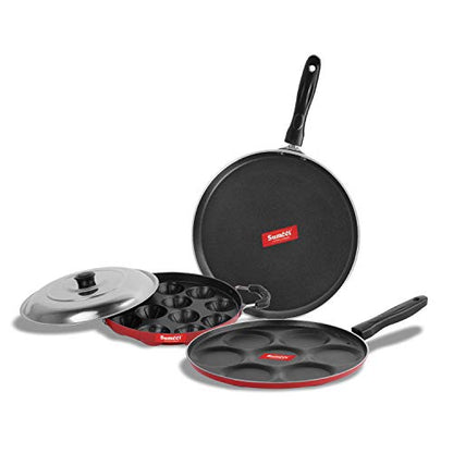 Sumeet 2.6mm Thick Non-Stick Auburn Combo Set (Dosa Tawa – 26.5cm Dia + Multi Snack Maker – 26.5cm Dia + Grill Appam Patra with Lid – 23cm Dia)