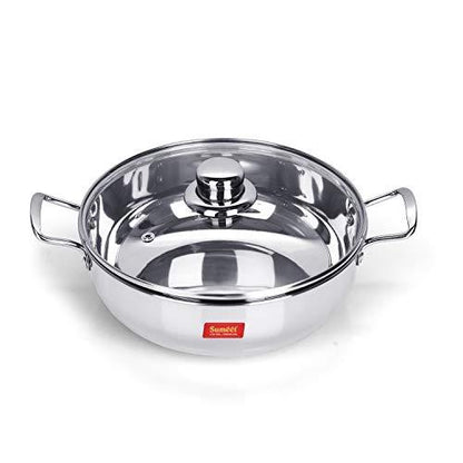 Sumeet Stainless Steel Induction Bottom Induction & Gas Stove Friendly Kadhai with Glass Lid