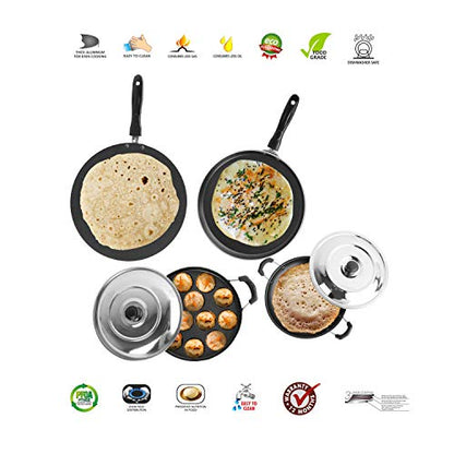 Sumeet 2.6mm Thick Non-Stick Reddo Cookware Set (Dosa Tawa – 26.5cm Dia + Grill Appam Patra with Lid – 23cm Dia + Concave Tawa – 28cm Dia + Appachatty – 22.2cm Dia)