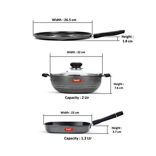 Sumeet NonStick Grigio Cookware Set (Multi Snack Maker - 7 Cavity - 26.5Cm Dia + Kadhai with Glass Lid -2Ltr - 22Cm Dia + Grill Pan-22cm Dia)