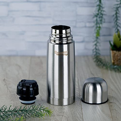 Sumeet Stainless Steel Double Walled Flask / Water Bottle, with Flip Lid, 24 Hours Hot and Cold, 400 ml, Silver