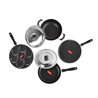 Sumeet 2.6mm Thick Non-Stick Rato Cookware Set (Dosa Tawa – 26.5cm Dia + Multi Snack Maker – 26.5cm Dia + Kadhai with Lid – 1.5Ltr Capacity- 20cm Dia + Fry pan – 1.5Ltr Capacity – 21cm Dia)