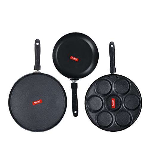 Sumeet NonStick Llwyd Cookware Set (Dosa Tawa - 26.5Cm Dia + Tapper pan - 0.6Ltr - 20Cm Dia + Multi Snack Maker - 7 Cavity - 26.5Cm Dia)