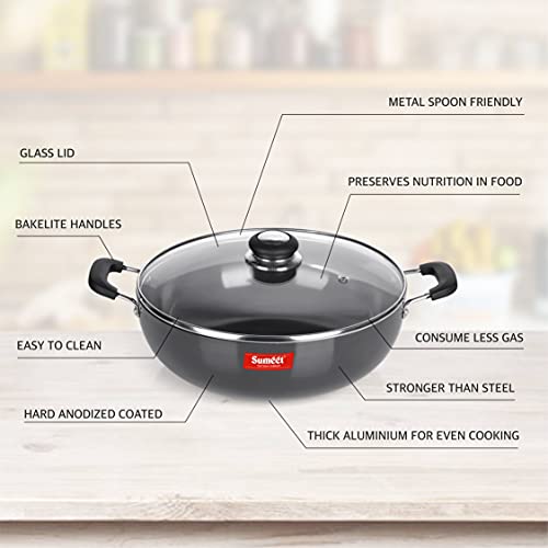 Sumeet 3mm Hard Anodized Deep kadai with Glass Lid Big Size No. - 15 (28.5cm Dia. 4.5 LTR Capacity)