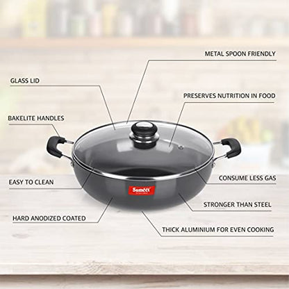 Sumeet 3mm Hard Anodized Deep kadai with Glass Lid Big Size No. - 15 (28.5cm Dia. 4.5 LTR Capacity)