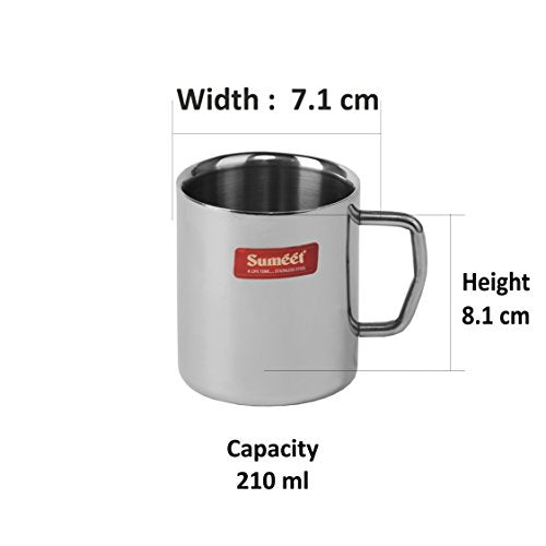 Sumeet Stainless Steel Double Wall Tea and Coffee Medium Mug Set of 4Pcs (210 Ml Each)