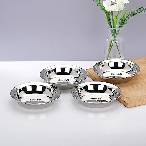 Sumeet Stainless Steel Heavy Gauge Multi Utility Serving Plates with Mirror Finish 14.5cm Dia - Set of 4pc, Silver