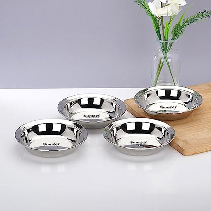 Sumeet Stainless Steel Heavy Gauge Multi Utility Serving Plates with Mirror Finish 16.5cm Dia - Set of 4pc, Silver