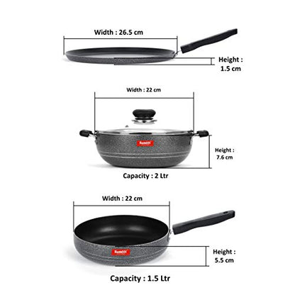 Sumeet NonStick Pilak Cookware Set (Dosa Tawa - 26.5Cm Dia + Kadhai with Glass Lid -2Ltr - 22Cm Dia + Frypan - 1.5Ltr - 22Cm Dia)