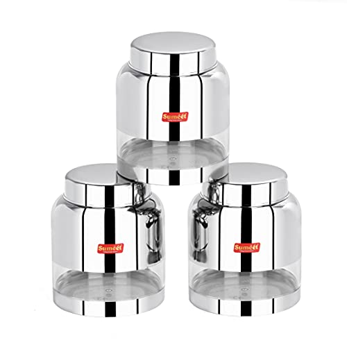 Sumeet Stainless Steel Circular See Through / Transparent Storage Container, Set of 3Pc, 1 Ltr each, 11.4 cm Dia, Silver