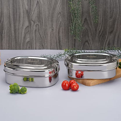 Sumeet Stainless Steel Rectangle Lunch Box/Tiffin with 2 Compartments and Locking Clip,Set of 2 Pcs, 550ML & 650ML, Ideal for 2 Person - Silver