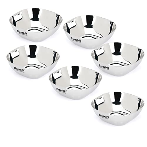 Sumeet Heavy Gauge Stainless Steel Apple Square Bowl/Wati/Katori with Mirror Finish – 11cm Dia, Set of 6pc, 350ML Each - Silver