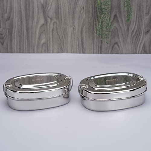 Sumeet Stainless Steel Rectangle Lunch Box/Tiffin with 2 Compartments and Locking Clip, Set of 2 Pcs, 1000ML, Ideal for 4 Person - Silver