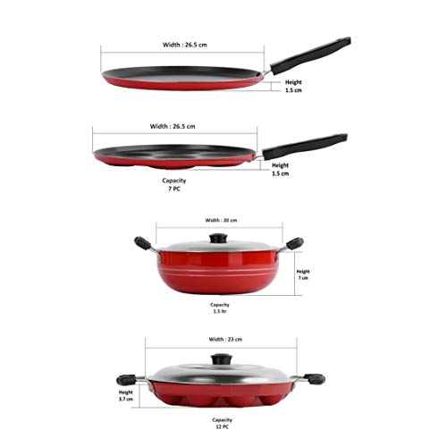 Sumeet 2.6mm Thick Non-Stick Shona Cookware Set (Dosa Tawa – 26.5cm Dia + Multi Snack Maker – 26.5cm Dia + Kadhai with Lid – 1.5Ltr Capacity- 20cm Dia + Grill Appam Patra with Lid – 23cm Dia)