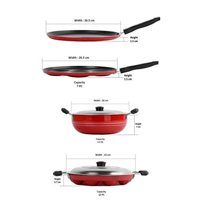 Sumeet 2.6mm Thick Non-Stick Shona Cookware Set (Dosa Tawa – 26.5cm Dia + Multi Snack Maker – 26.5cm Dia + Kadhai with Lid – 1.5Ltr Capacity- 20cm Dia + Grill Appam Patra with Lid – 23cm Dia)