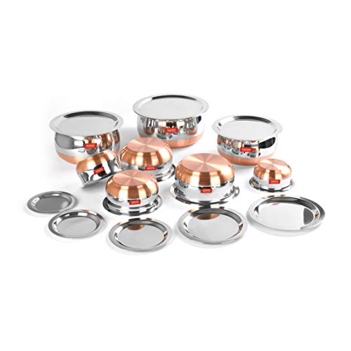 Sumeet Stainless Steel Copper Bottom Belly Shape 8 Pc Tope / Cookware/ Pot Set with Lid 380ML, 500ML, 780ML, 1.1Ltr, 1.4Ltr, 1.75Ltr, 2.4Lt, 3.LTR (Silver)