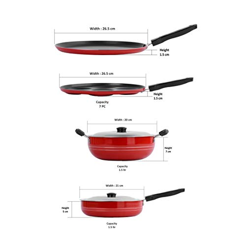 Sumeet 2.6mm Thick Non-Stick Rato Cookware Set (Dosa Tawa – 26.5cm Dia + Multi Snack Maker – 26.5cm Dia + Kadhai with Lid – 1.5Ltr Capacity- 20cm Dia + Fry pan – 1.5Ltr Capacity – 21cm Dia)