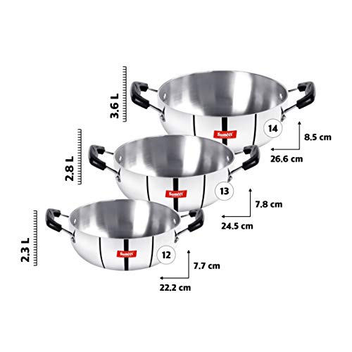 Sumeet 3mm Induction Bottom Aluminium Kadai Set of 3Pcs (2.3Ltr, 2.8Ltr, 3.6Ltr)