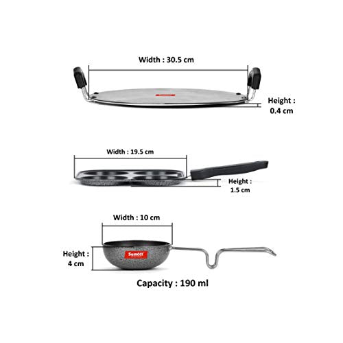 Sumeet NonStick Pilkas Cookware Set (Tawa-30.5cm Dia + Mini Multi Snack Maker - 4 Cavity -19.5cm + Waghariya/Tadka pan - 190Ml - 10Cm Dia)