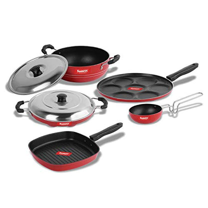 Sumeet 2.6mm Thick Non-Stick Red Wave Cookware Set (Multi Snack Maker – 26.5cm Dia + Kadhai with Lid – 1.5Ltr + Grill Appam Patra with Lid – 23cm Dia + Grill Pan – 1.1Ltr + Tadka Pan – 10cm Dia)