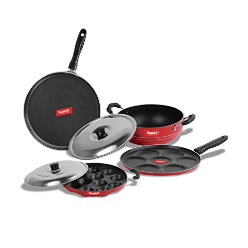 Sumeet 2.6mm Thick Non-Stick Shona Cookware Set (Dosa Tawa – 26.5cm Dia + Multi Snack Maker – 26.5cm Dia + Kadhai with Lid – 1.5Ltr Capacity- 20cm Dia + Grill Appam Patra with Lid – 23cm Dia)