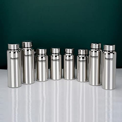 Sumeet Stainless Steel Jointless Akhand Leak-Proof Water Bottle / Fridge Bottle Set 800ML and 600ML - Pack of 8, Silver